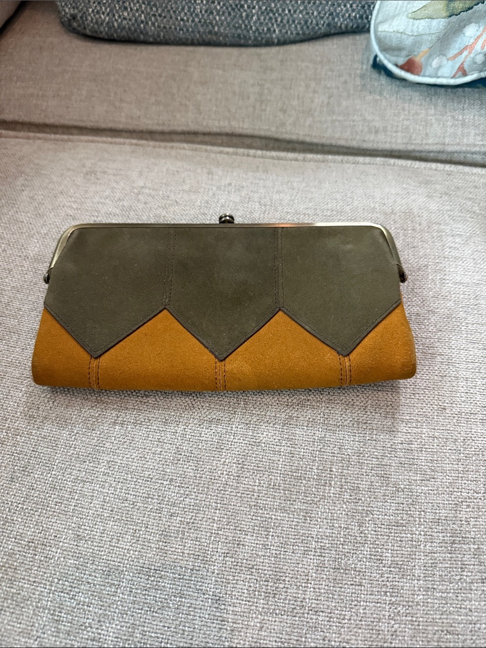 HOBO Olive and Mustard Two-Tone Suede Kiss-Lock Clutch